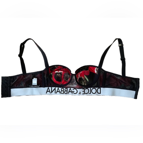 DOLCE&GABBANA Red Black Floral Silk Logo Band Balconette Bustier Push Up Bra 2B - Picture 5 of 6
